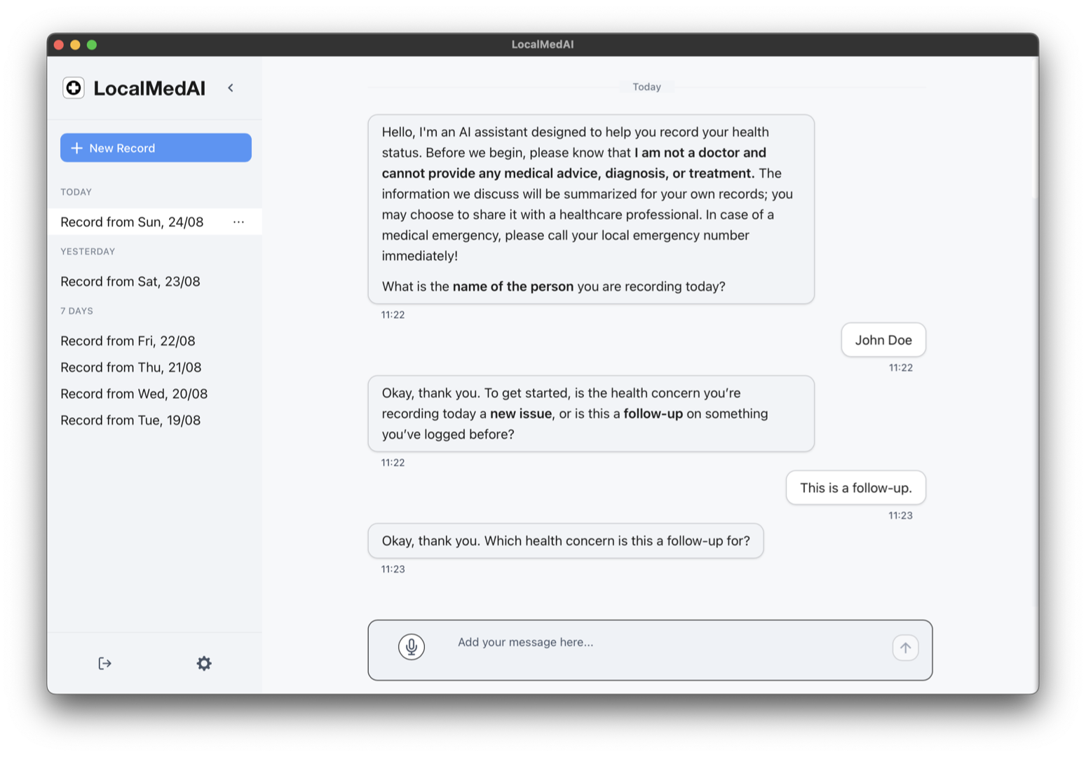 Start of conversation in LocalMedAI